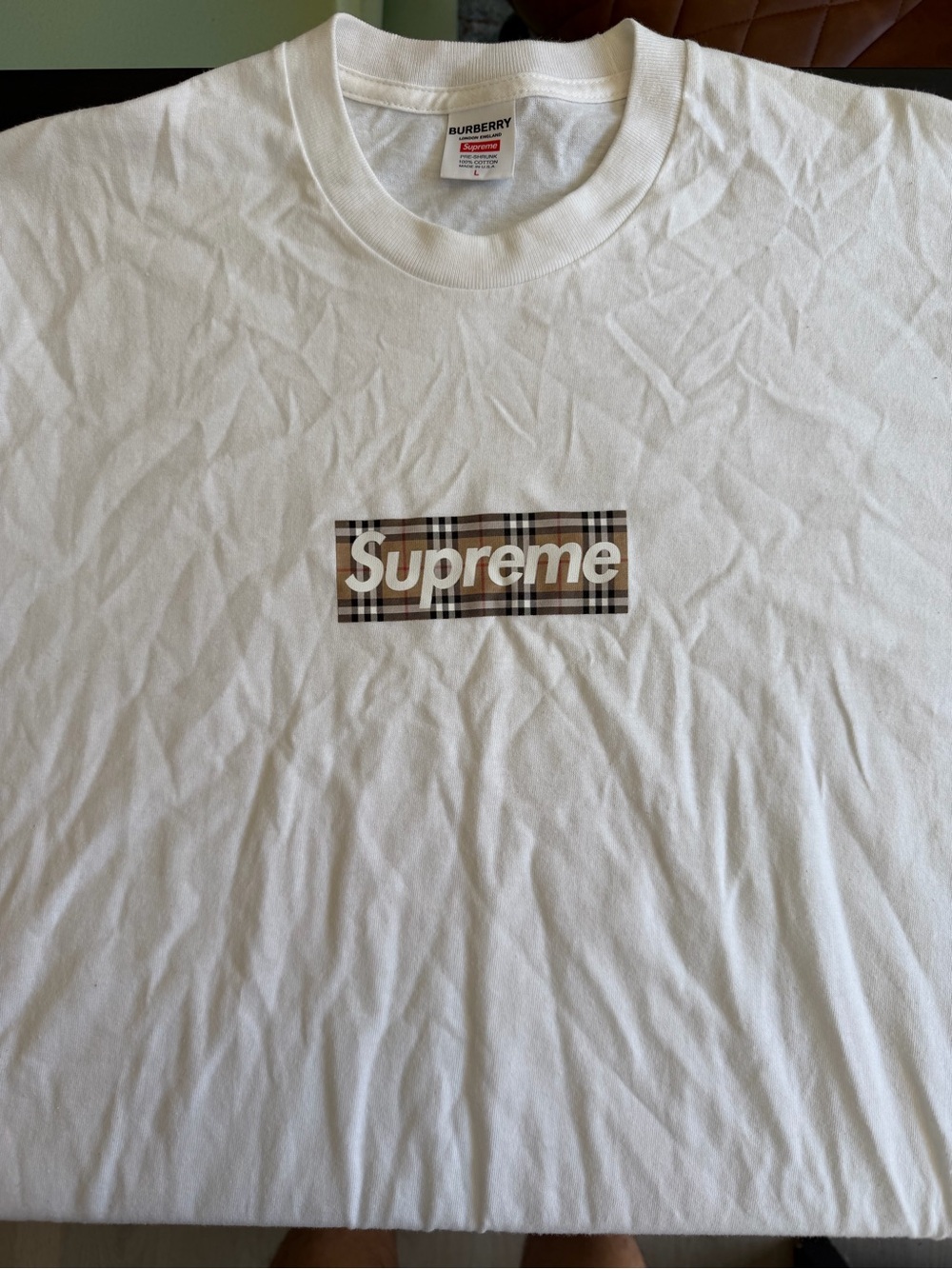 Supreme White Tee with Brown Plaid Box Logo